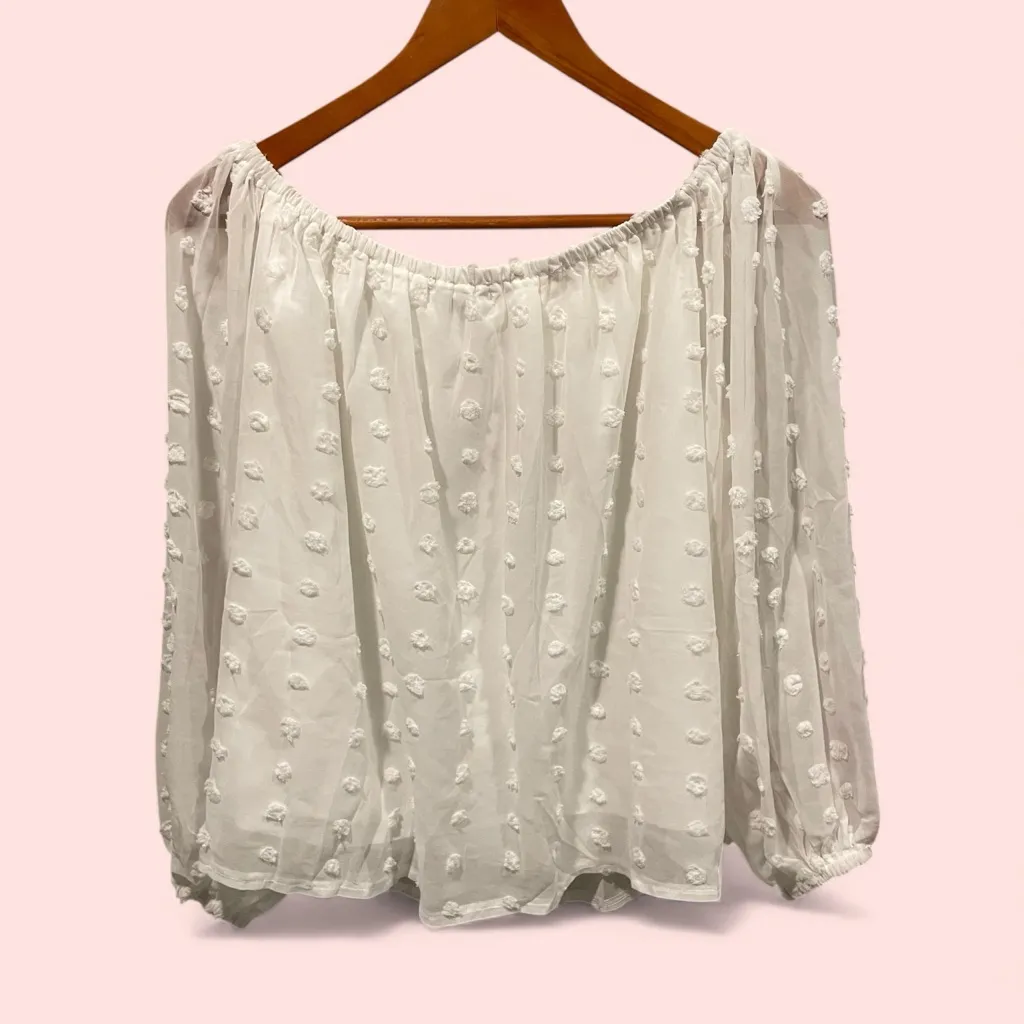 Cute NWT white semi sheer polka dot on or off the shoulder flowy top angel fairy Size M - Image 3