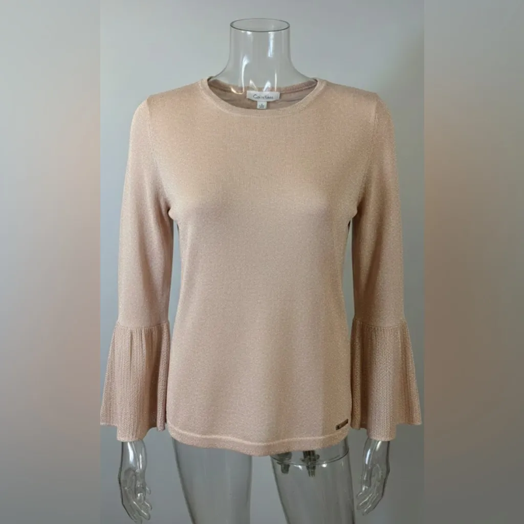 Calvin Klein Shimmer Knit Sweater S/M | Pink Metallic Bell Sleeve Blouse Runs M - Image 2