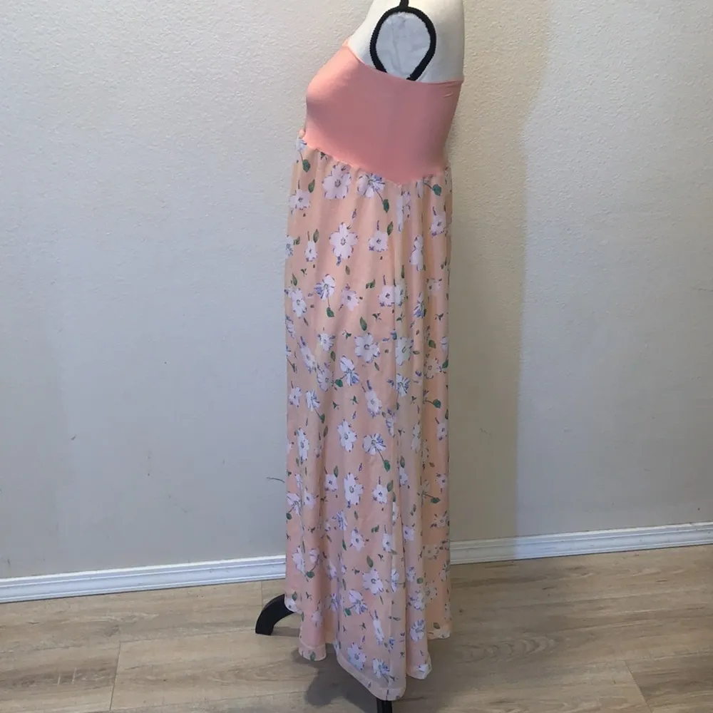 Light pink floral stretchy lined strapless Summer maxi dress - Image 4