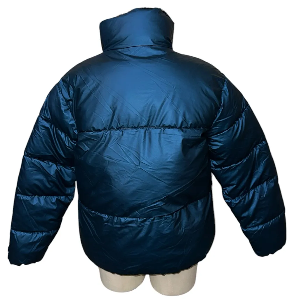 NWT Nicole Miller Cropped Puffer Jacket In Color Teal Large Faux Fur Lined - Image 7