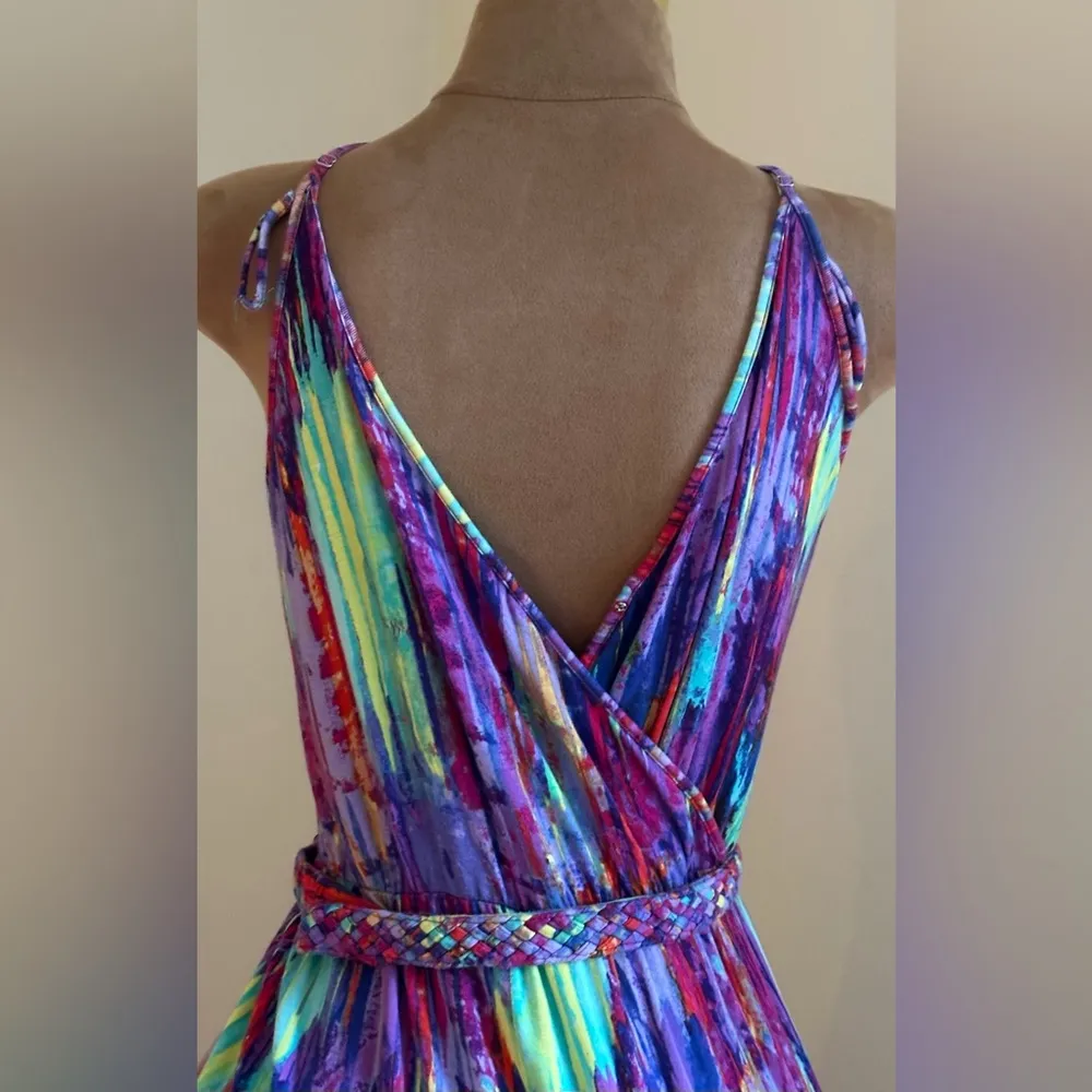 Presley Skye Multi Bright Colors Halter Top V Neck In Back Summer Dress Sz S Pink - Image 7