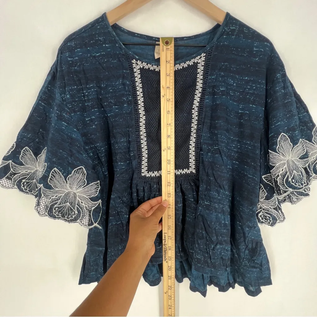 Pilcro Orchid Embroidered Flutter‎ Sleeve Midnight Blue Floral Blouse Boxy XS - Image 14