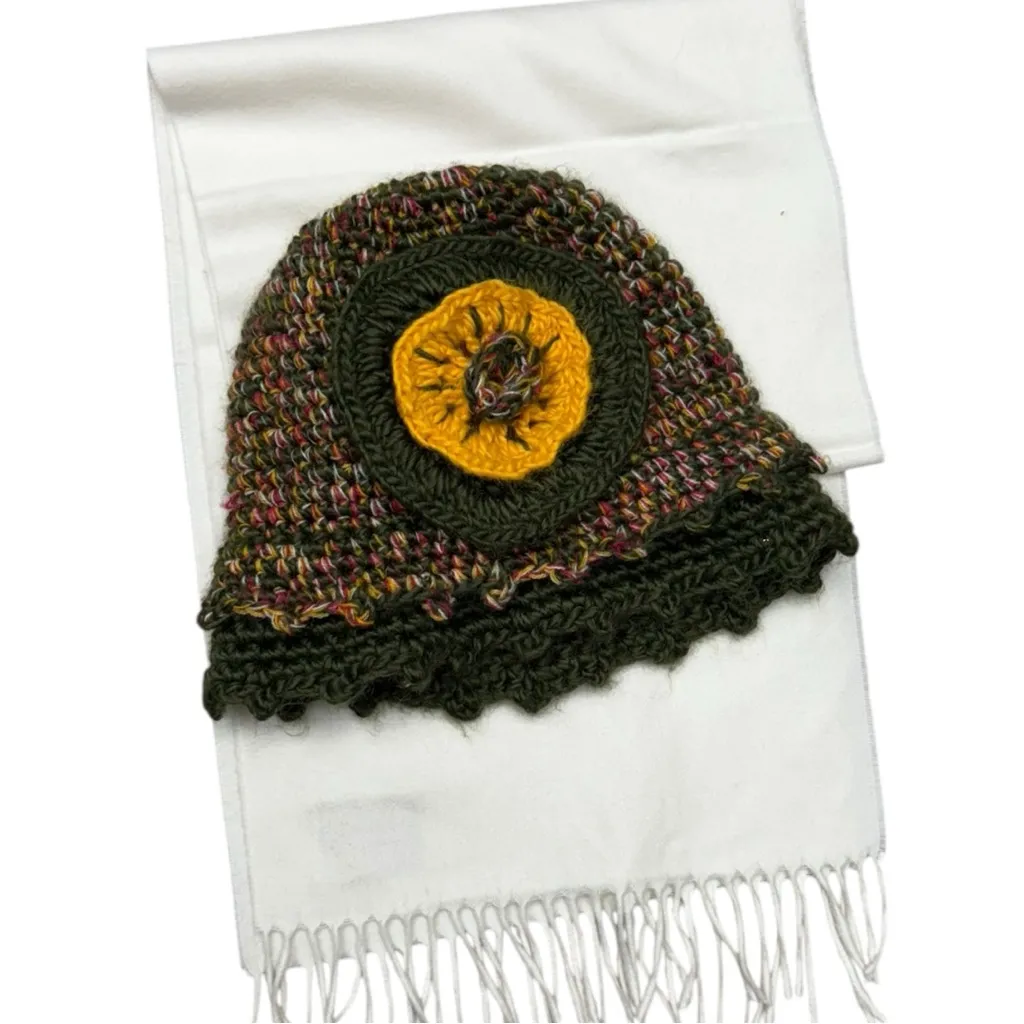 Madison 88 Crochet Flower Hat Multicolor Knit Hat with Vintage Scarf Set Green - Image 9