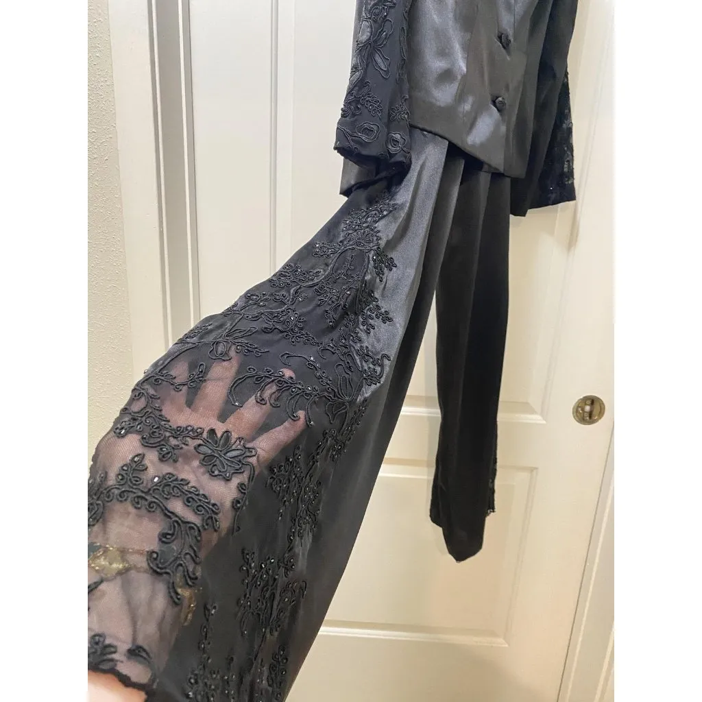 Cache Pant Suit Set Womens 2 4 Black Satin Lace Floral Beaded Two Piece Formal - Image 5