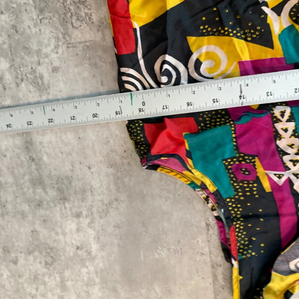 Vintage Women's Bright 100% Silk Tank Top 80s Abstract Print Size M Yellow Size M - Image 4