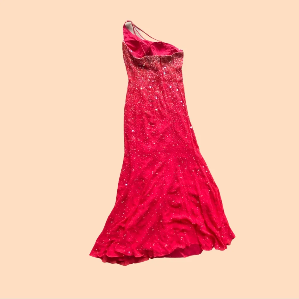 stunning vintage 90s red sequins one shoulder fishtail gown / formal dress š„ - Image 3