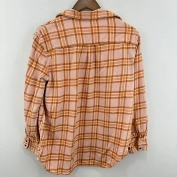 Aerie Womens Plaid Flannel Shirt‎ Shacket Button Up Long Sleeve Peach Orange - Image 5