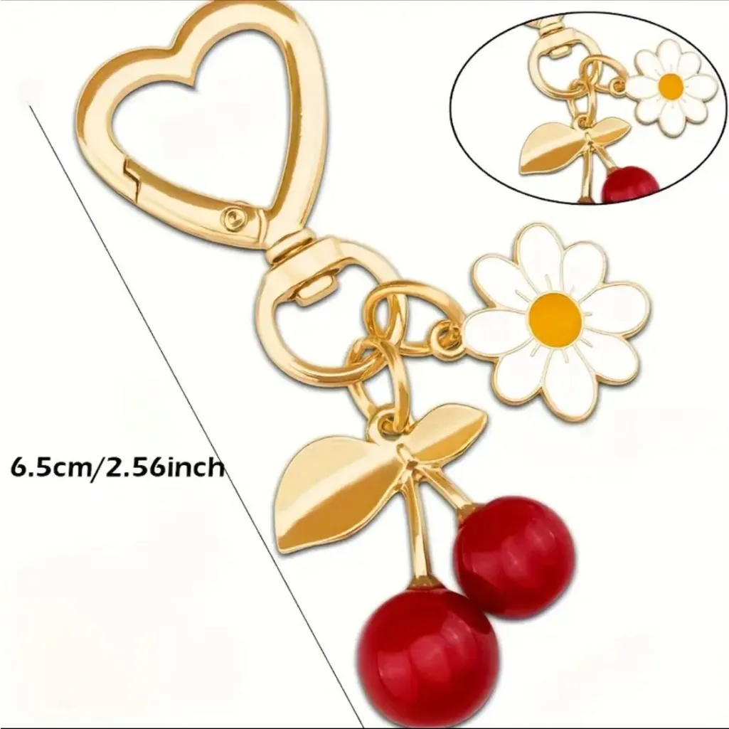 Cherry and Daisy Purse Charm Keychain Gold - Image 3
