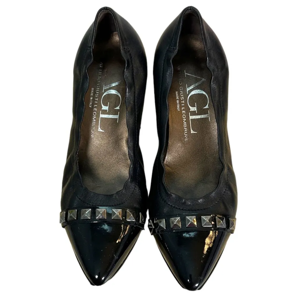 AGL Black Leather Chunky Heel Studded Pointed Cap Toe Heels Size 37.5 (US 7) - Image 7