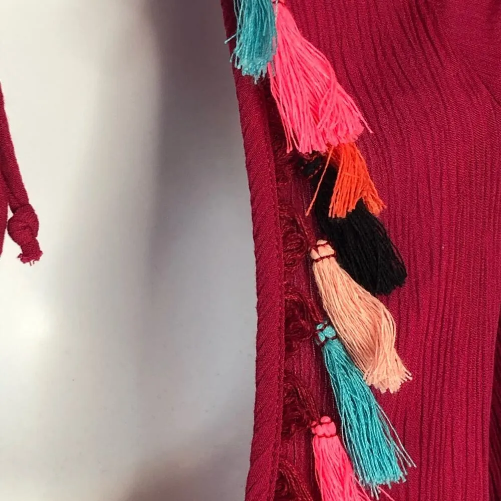 Xhilaration Beach Cover Up Open Back Tassel Details Cranberry Color size small - Image 15