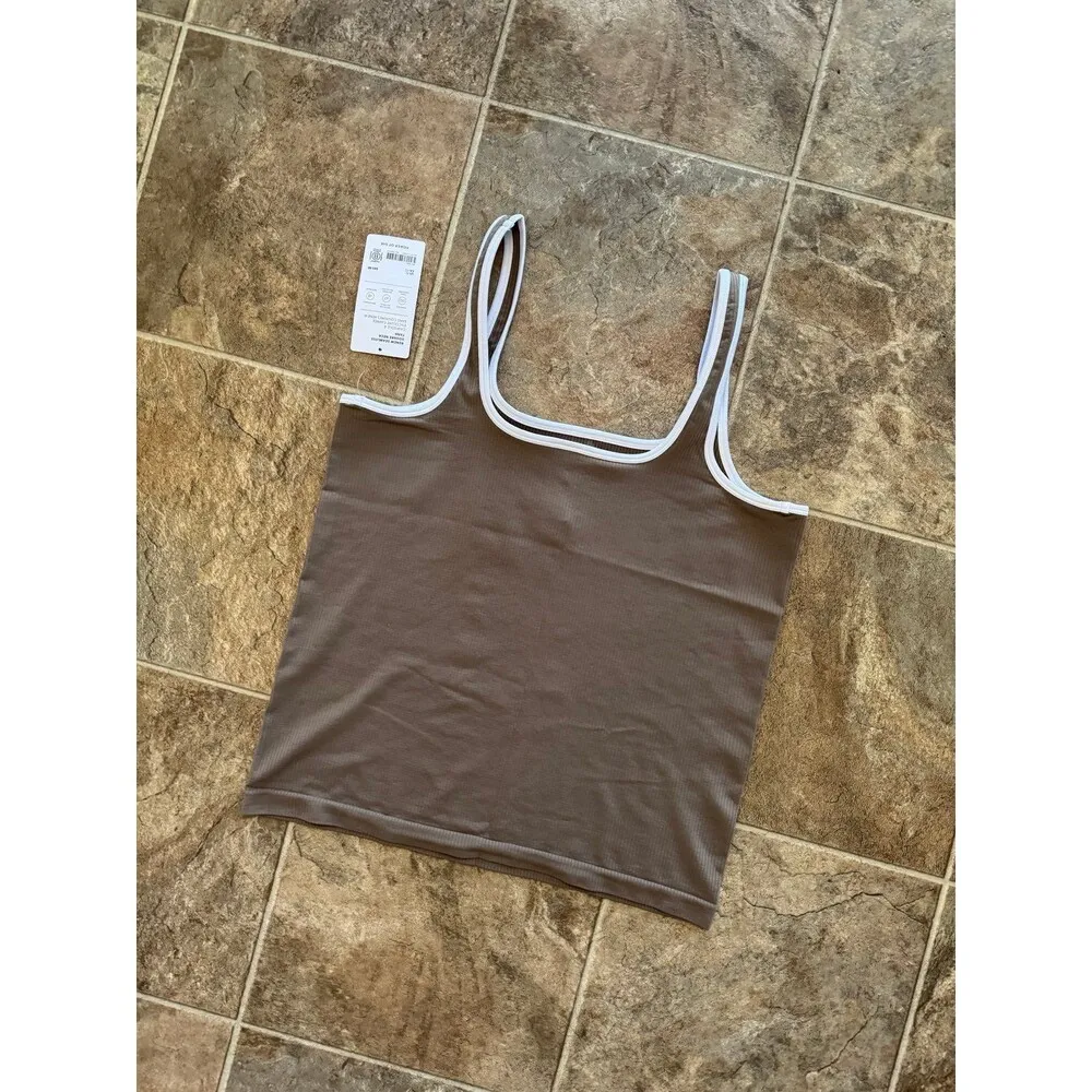 Athleta Renew Seamless Square Neck Tank Brownstone Beige/Bright White Size XL - Image 8