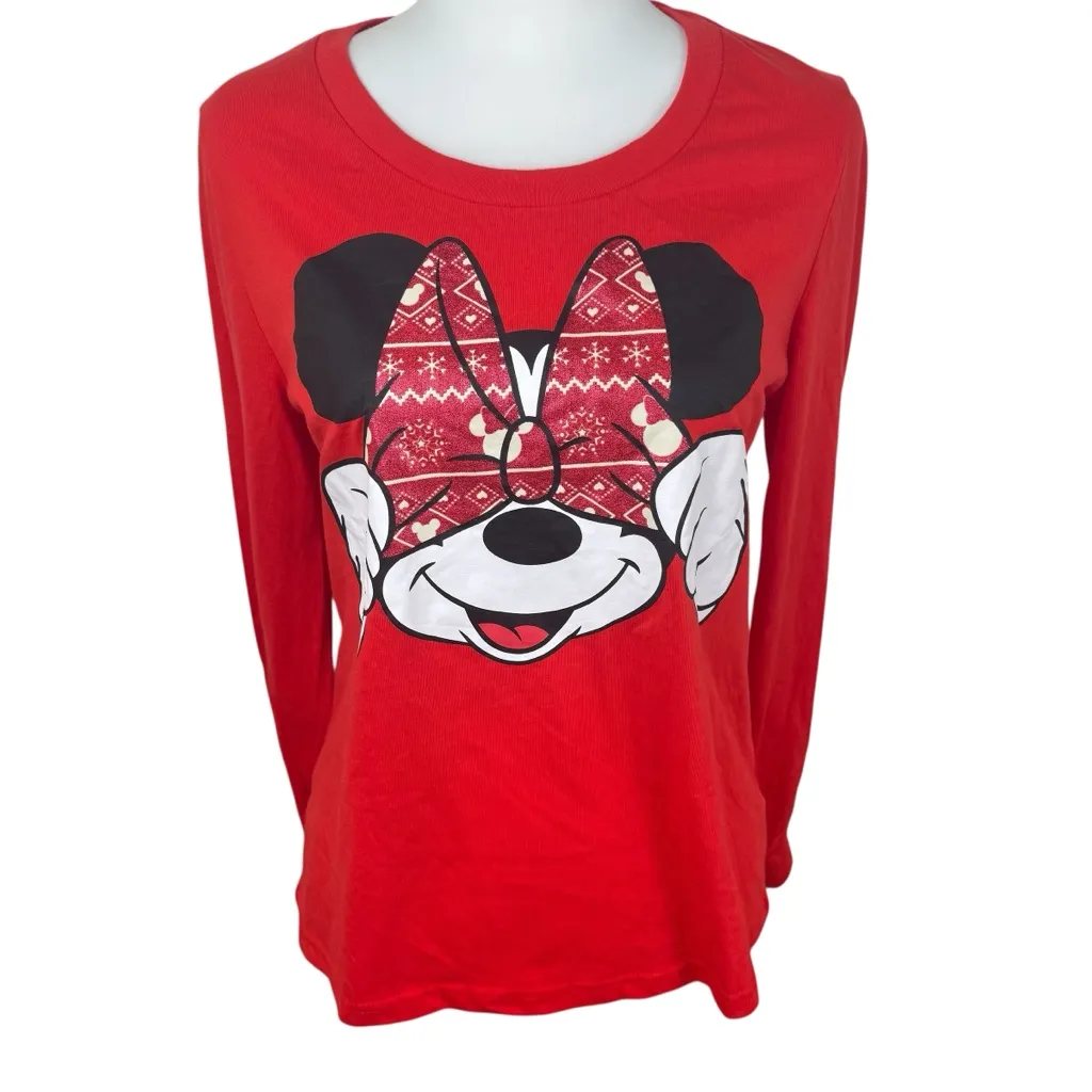 NWT Disney Minnie Mouse Red Christmas Holiday Glittery Bow Shirt Top Women’s Med - Image 6