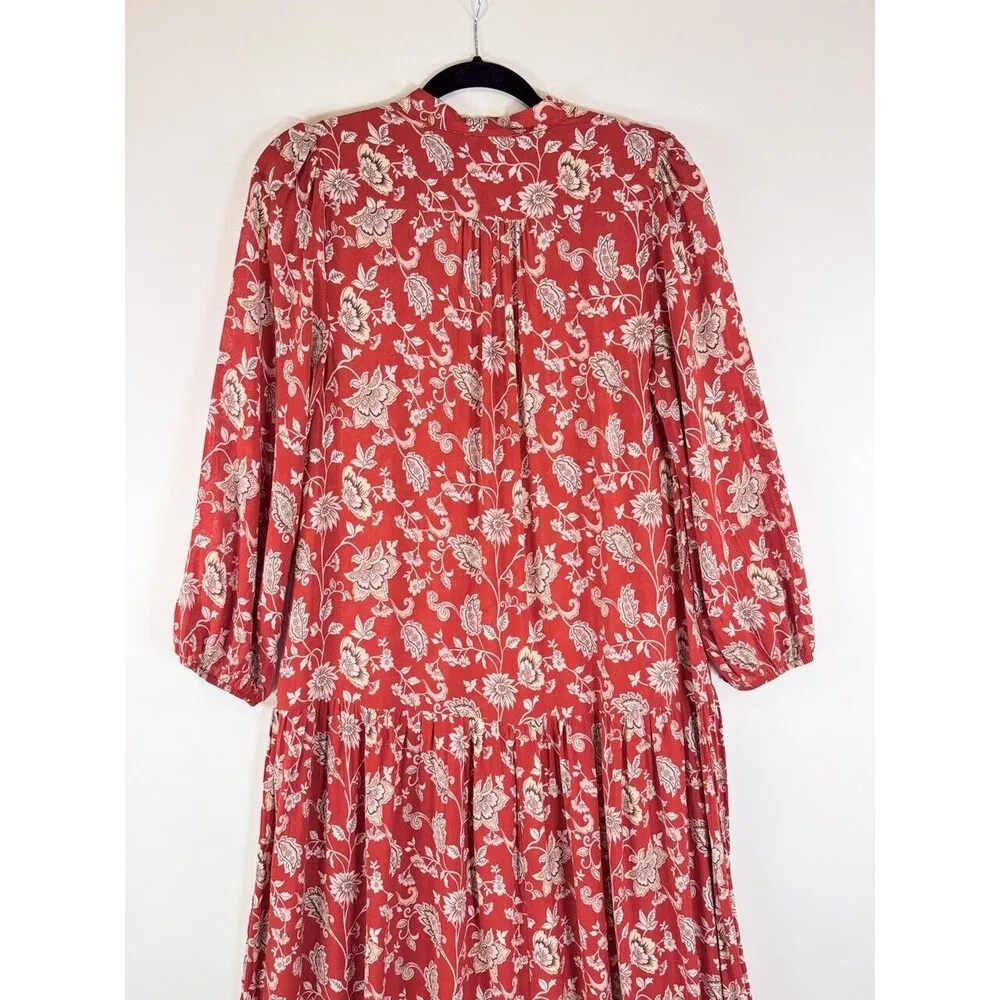 Anthropologie Maeve Dress Red Melina Maxi Floral V Neck Long Sleeve Boho Small - Image 11
