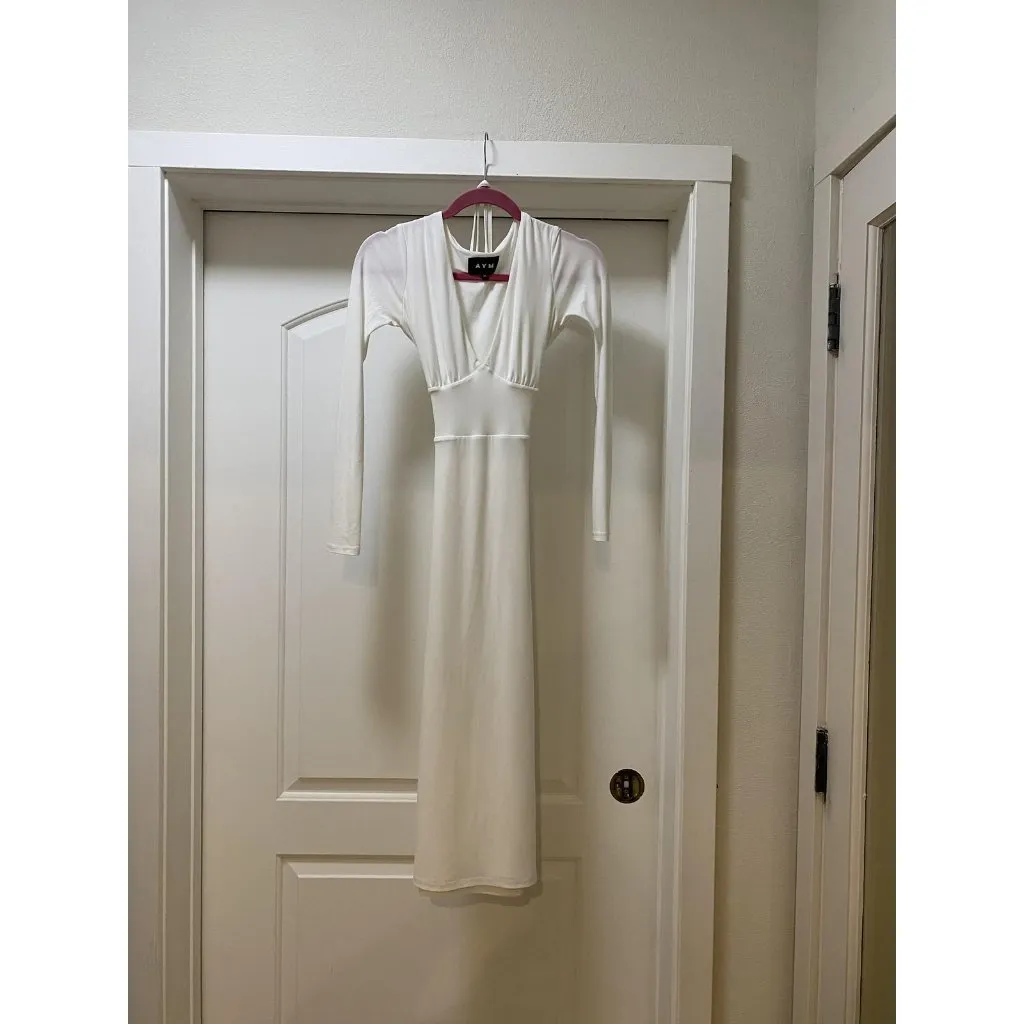 AYM Taylor Dress Womens XS White Long Sleeve V Neck Maxi Bodycon Open Back Party - Image 2