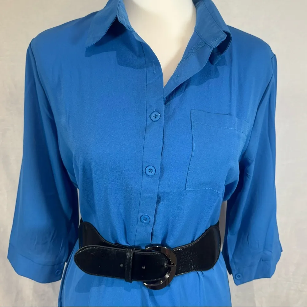 Coeur De Vague blue belted midi shirt dress with pockets size large NWT - Image 2