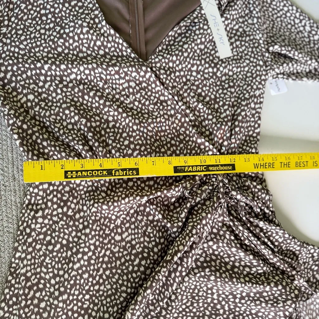 SHE + SKY Brown White Polka Dot Asymmetrical Faux Wrap Mini Dress Sz Small NWT - Image 6