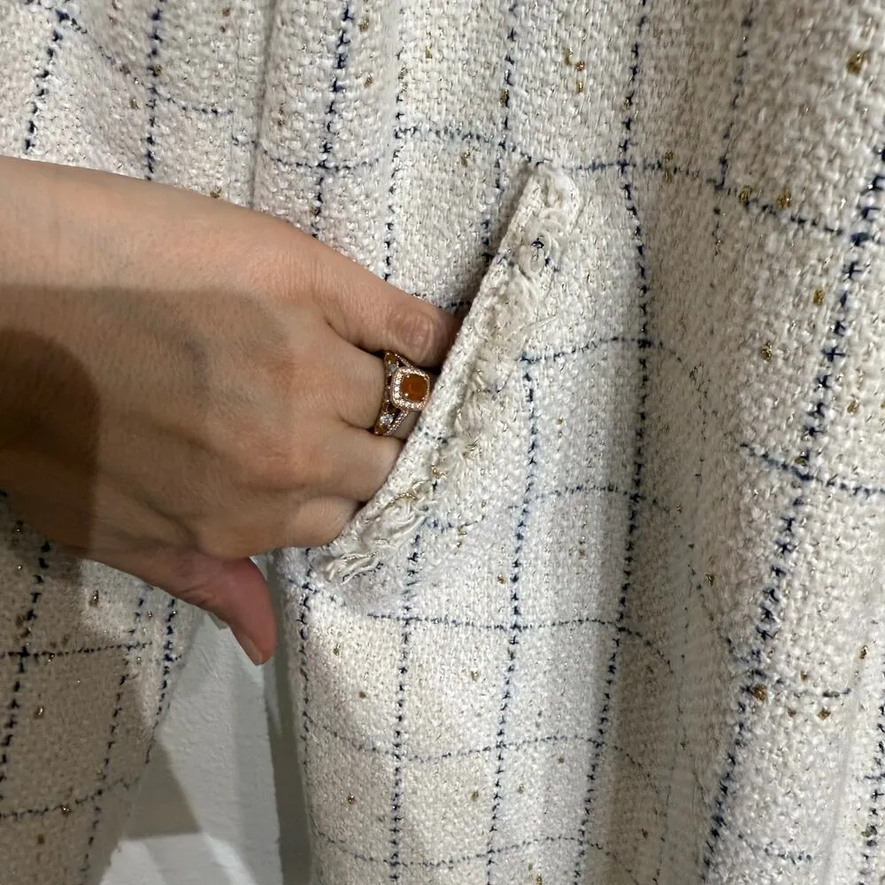 E’tophe Studios White Plaid Fringe Open Front Blazer Sz M Size M - Image 5