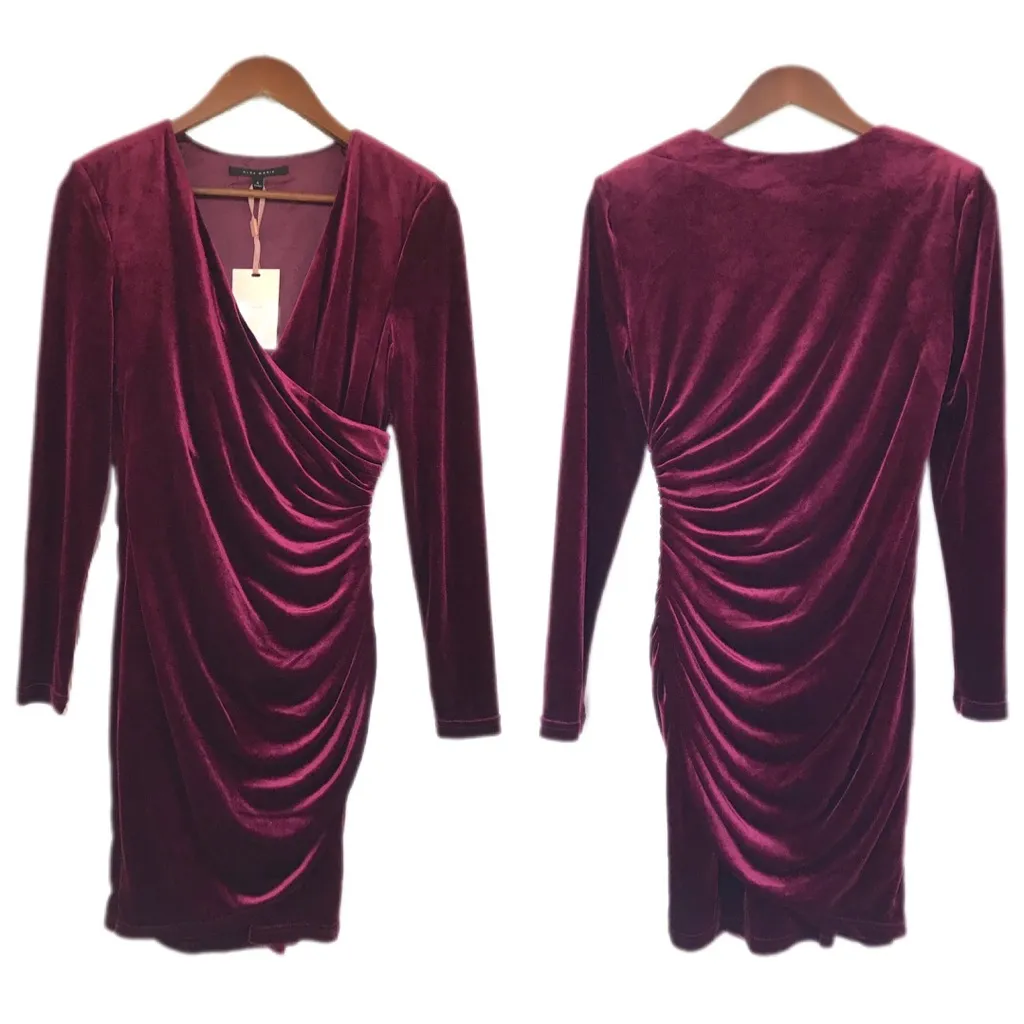 ALEX MARIE Burgundy Red Velvet Long Sleeve Dress Ruched Holiday Christmas Size 4 - Image 2