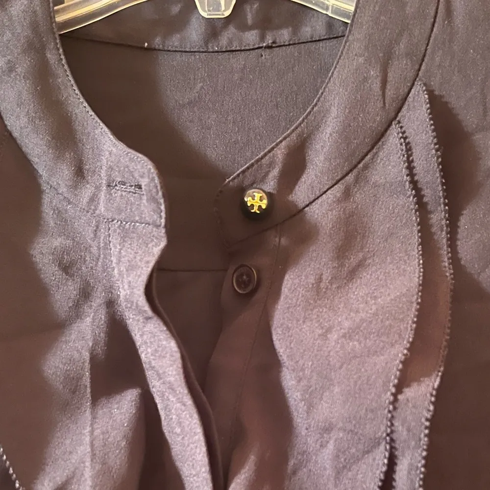 Jane Ruffled Crepe de Chine Shirtdress in Navy - Image 6