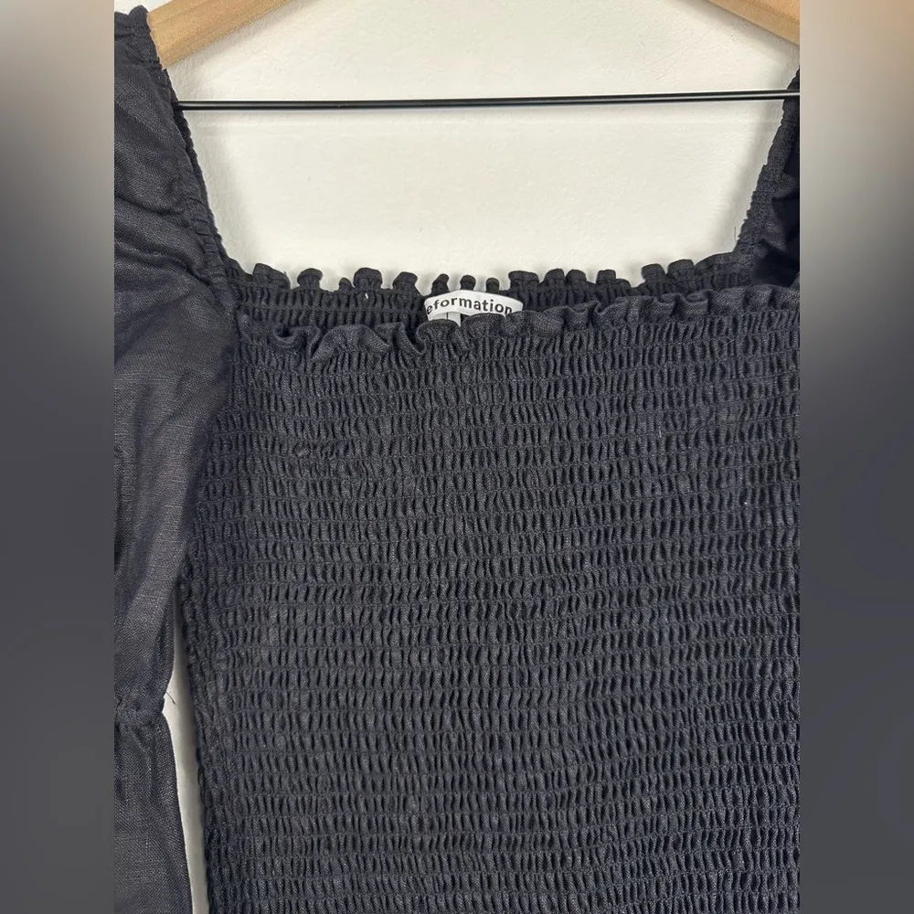 Reformation Hilary Smocked Black Linen Puff Sleeves Mini Dress Women’s Sz S - Image 6