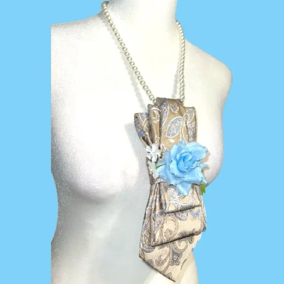 “Dainty Dapper”gray necktie necklace with Blue Floral design and flower. - Image 5