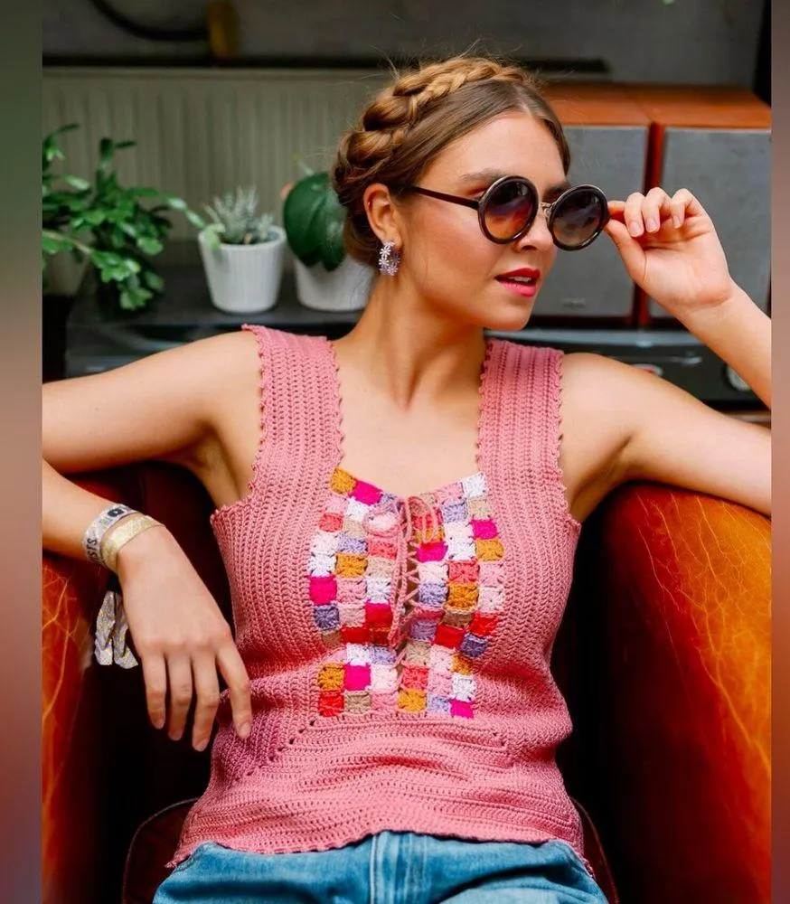 Vintage Handmade Granny Crochet Knit Button Corset Style Bustier Tank Top Vest Green Size XS - Image 8