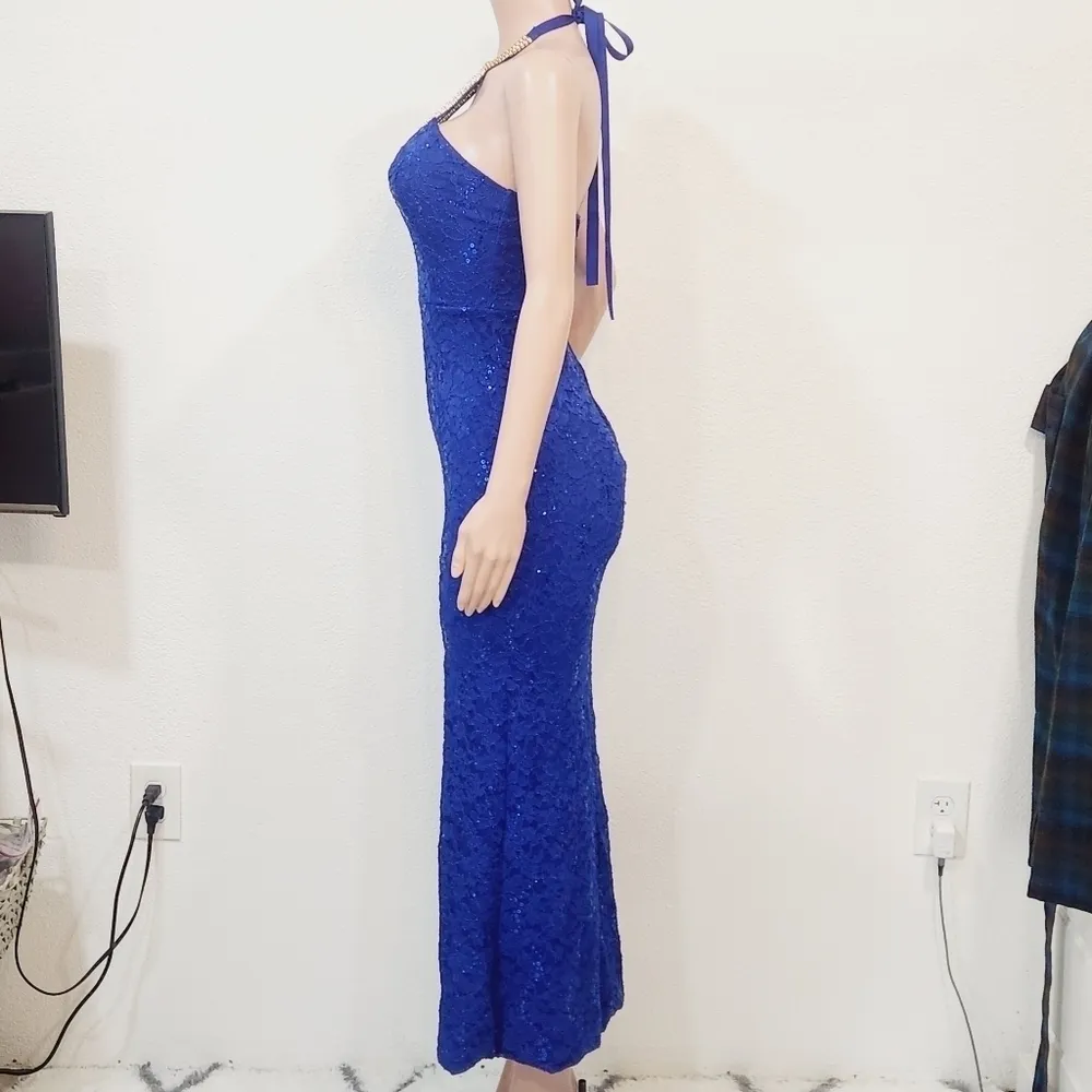 LA Scala Formal Floor Length Lace Rhinestone Neck Dress Size S - Image 6