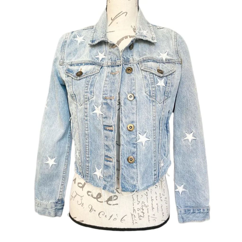 Pistola Brando Star Embroidery Cropped Denim Jacket Zodiac Wash - S - Image 6