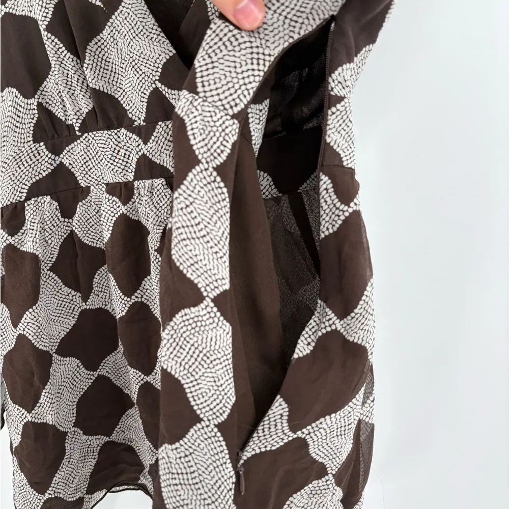 Inc 100% Silk Brown Flare Sleeves Flowy Geometric Print Top V Neck Blouse sz 4 - Image 8