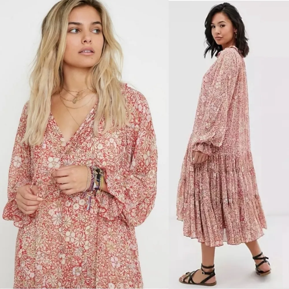 Free People Feeling Groovy Dress Floral Tiered Skirt Red Size Small Long Sleeves - Image 3