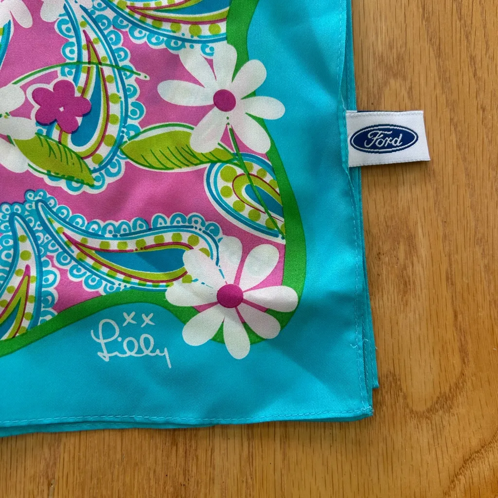 Lilly Pulitzer x Ford 100% Silk Scarf Breast Cancer Awareness Floral Paisley 55" Blue - Image 6