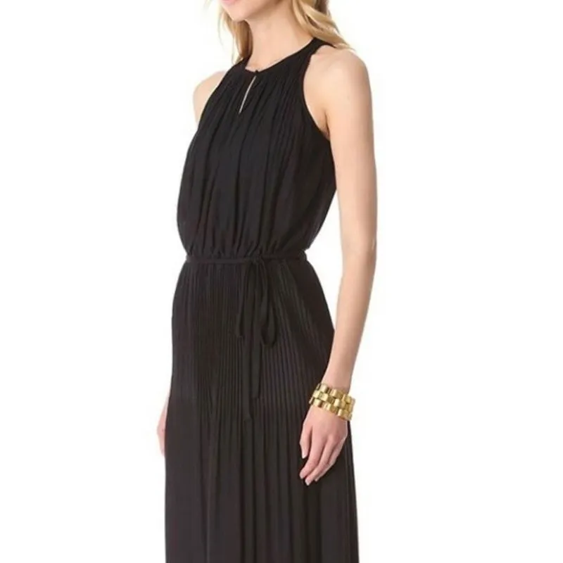 Shoshanna Maxi Dress Black Sleeveless Halter Key Hole Neck Pleated - Image 3