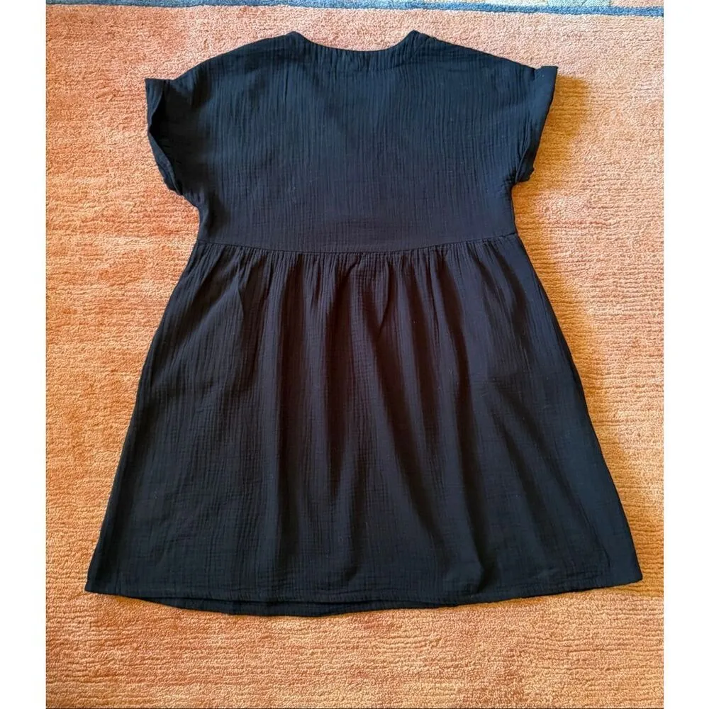 Black Gauze Cotton V Neck Short Sleeve Elastic Waist Midi Dress Women Medium Black - Image 7