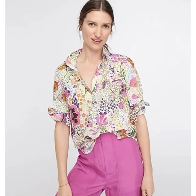J.‎ Crew Ratti Retro Floral Popover Classic Fit  Shirt Rose Multi Size 2 - Image 2