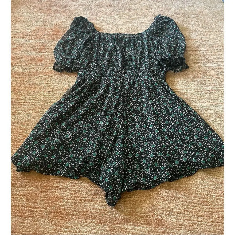 Francesca's Mi Ami Floral Romper M Black Green Puff Sleeve Square Neck Boho M - Image 7