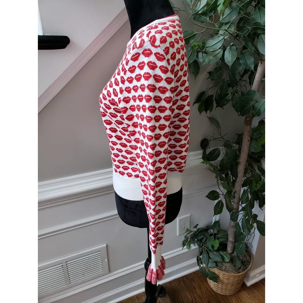French Connection Sweater Womens Large Red Kiss Print Coquette Cropped Knit - Image 12