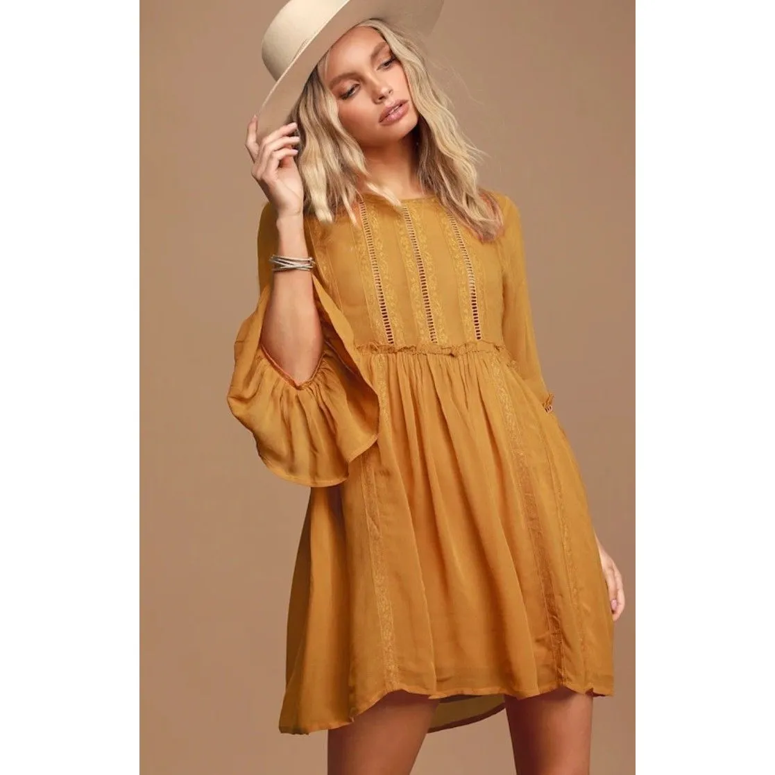 Lulu’s Womens Size S Bohemian Mustard Yellow Crochet Lace Babydoll Dress Fairy - Image 2