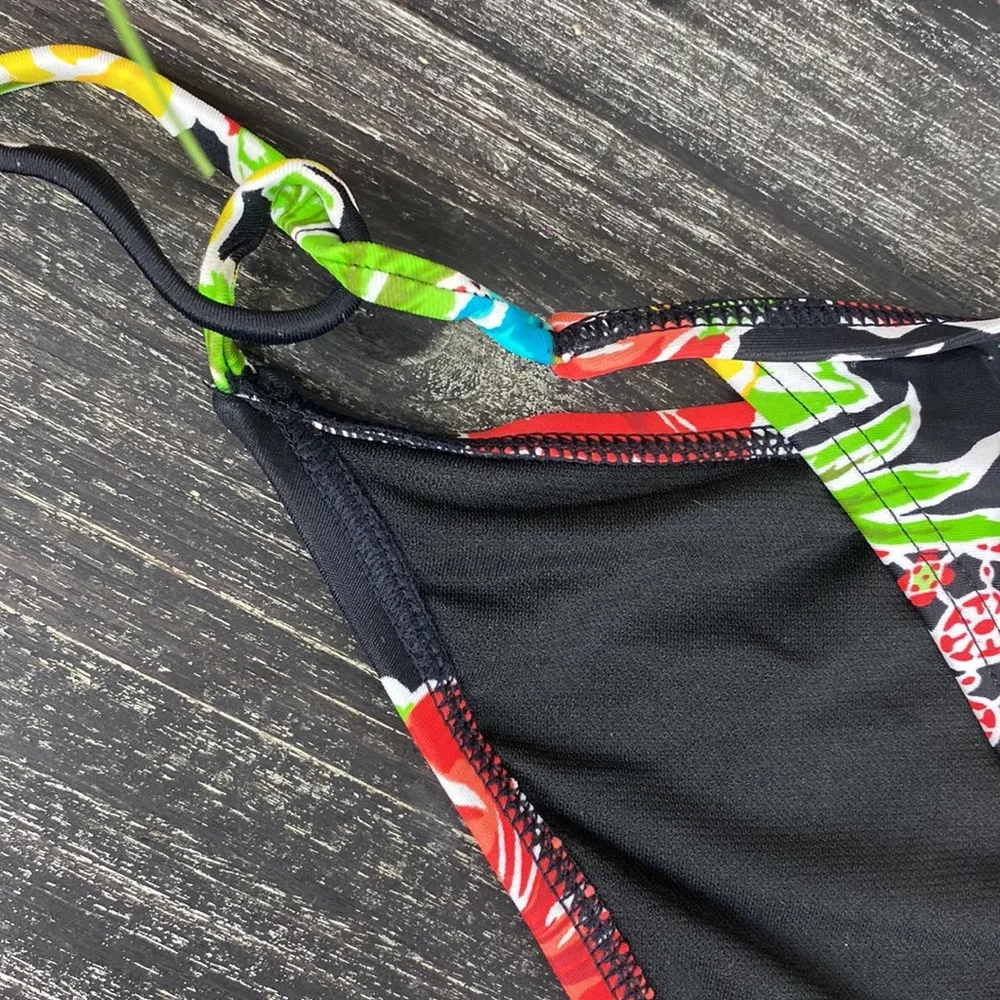 Bikini Lab Black Floral Print Side Tie Bikini Swim Suit Bottoms NEW 12 - Image 3