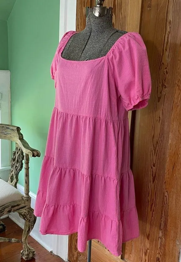Luukse Bright Pink Tiered Babydoll Puff Sleeve Cottage Core Dress Sz XL - Image 11