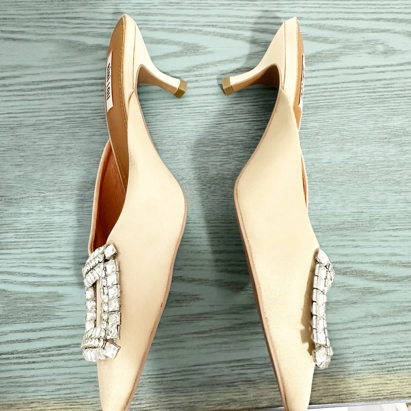 Bibi Lou Anthropologie Cream Satin Jewled Heeled Mules 37 Size 7 - Image 8