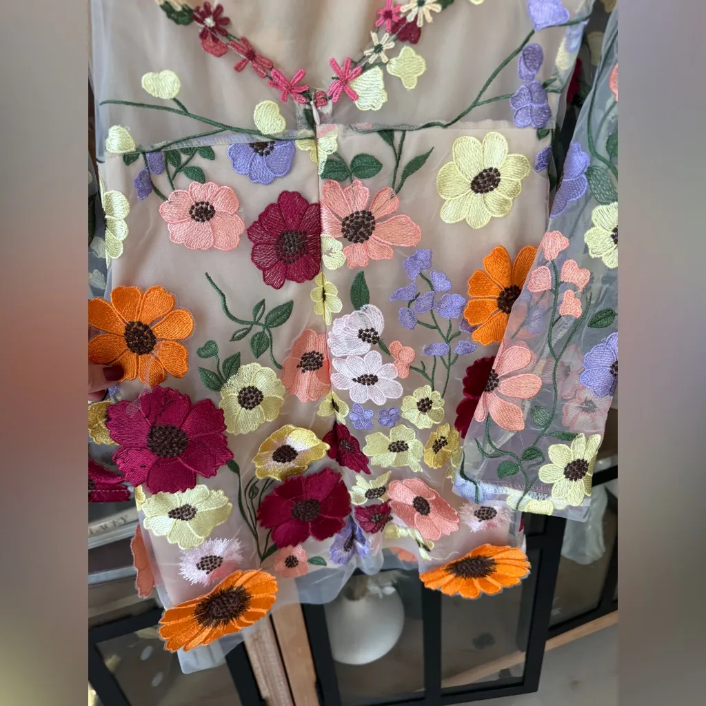 3D flowers appliqué dress long sleeve mesh mock neck mini Oscarrenta embroidered - Image 12