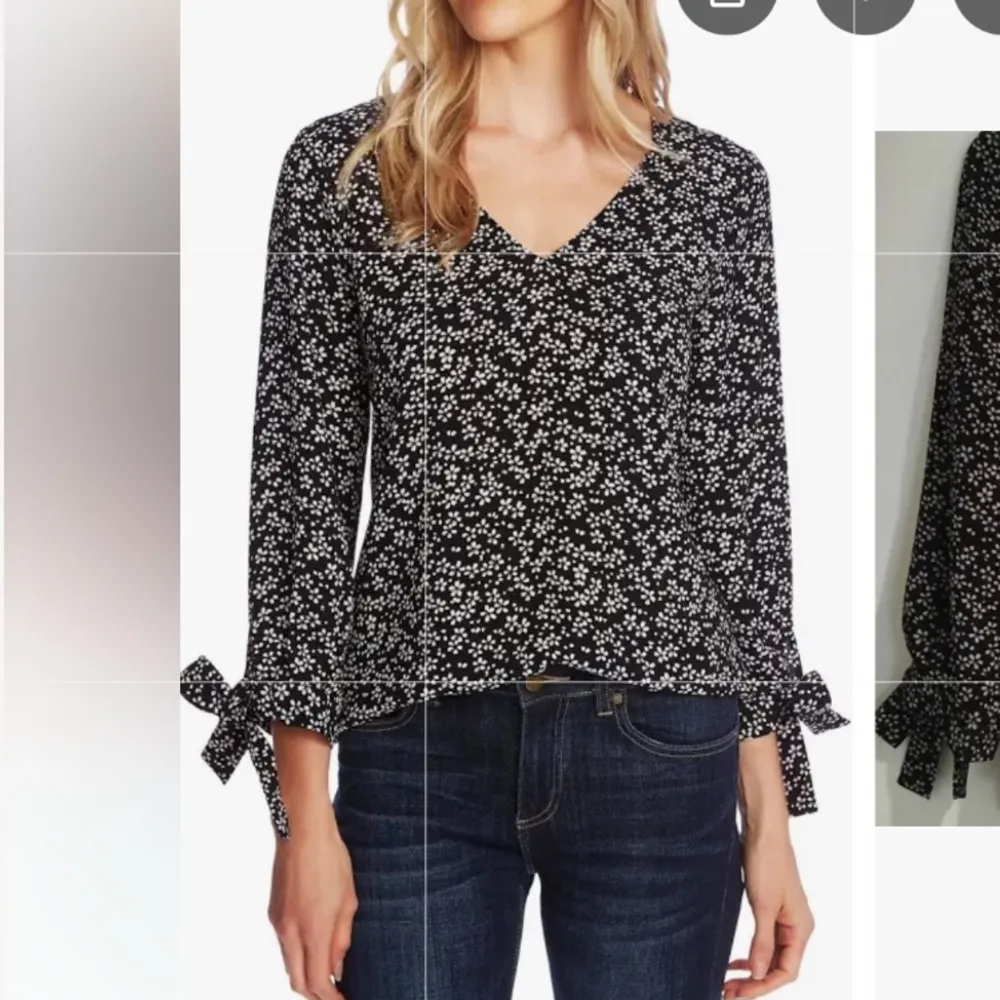 Dark feminine top tie sleeve floral blouse small black white v neck coquette - Image 2