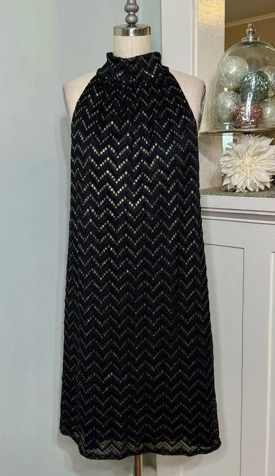 Trina Turk Morrison Dress Black Gold Metallic Tie Neck Shift Dress Large - Image 5