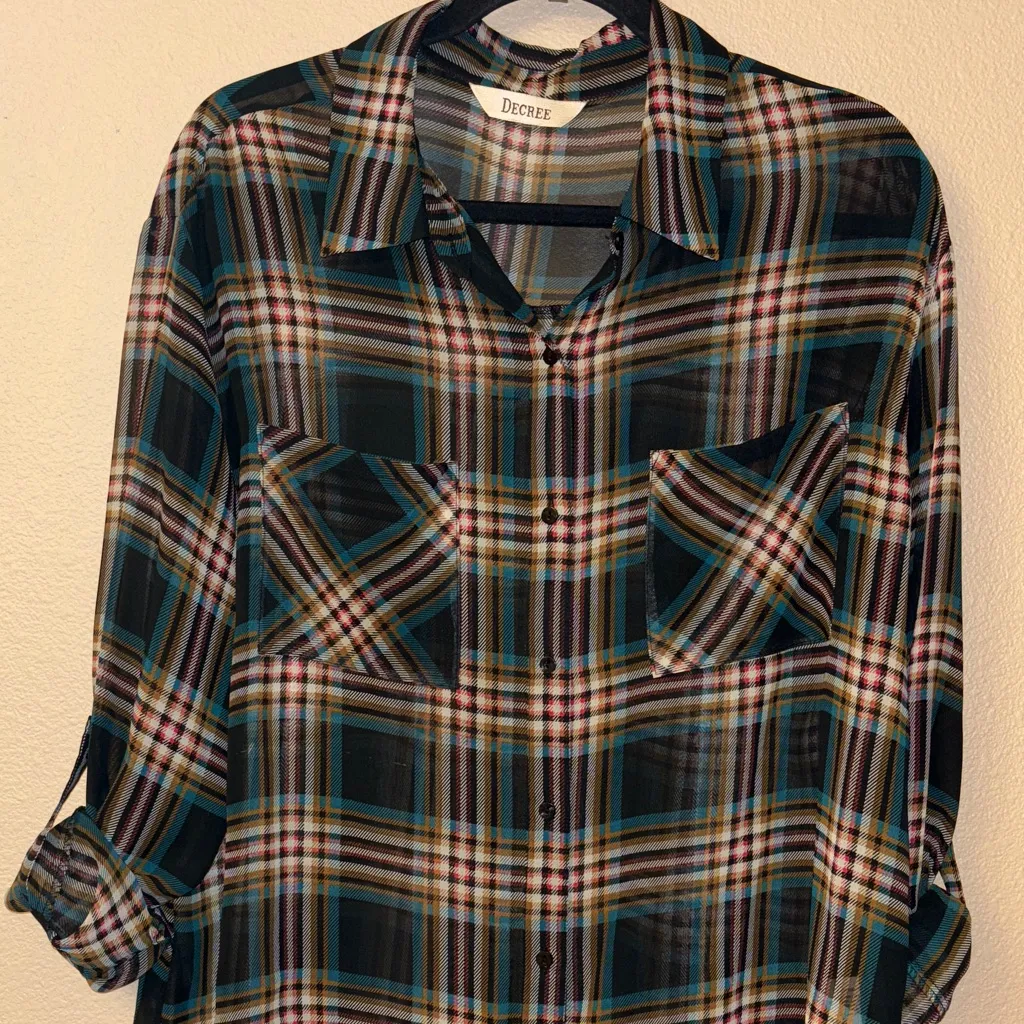 Decree LARGE Semi-Sheer Multicolor Plaid Button Down Shirt Roll Tab Long Sleeves - Image 5