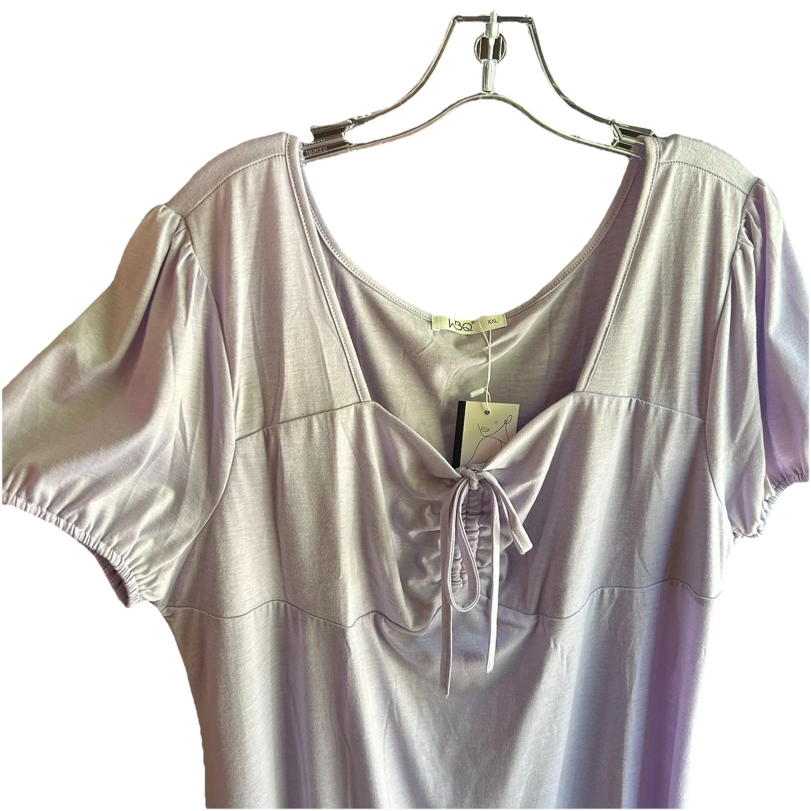 WBQ‎ XXL Light Purple Ruched Slinky Knit Dress Short Sleeve Tie Detail Soft NWT - Image 2