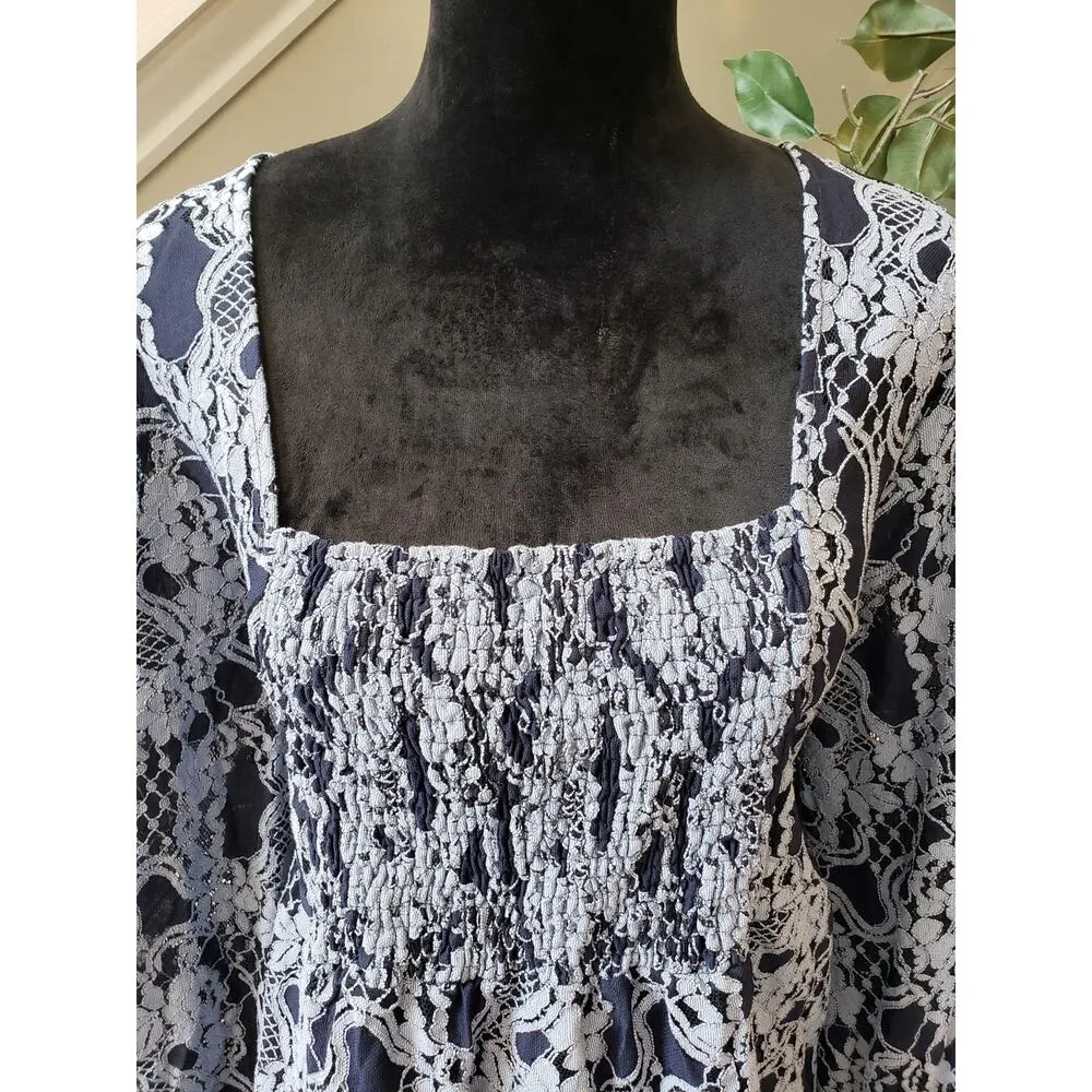 Women's Suzanne Betro Navy Lace Print 3X Top with Smocked Waist and Long Sleeves - Image 3