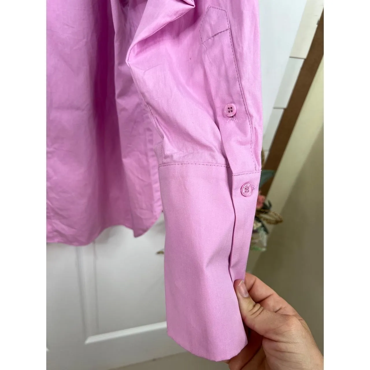 Topshop Shirt Oversized Sz US S 4-6 Pink Collared Long Sleeve Split Back Cotton - Image 11