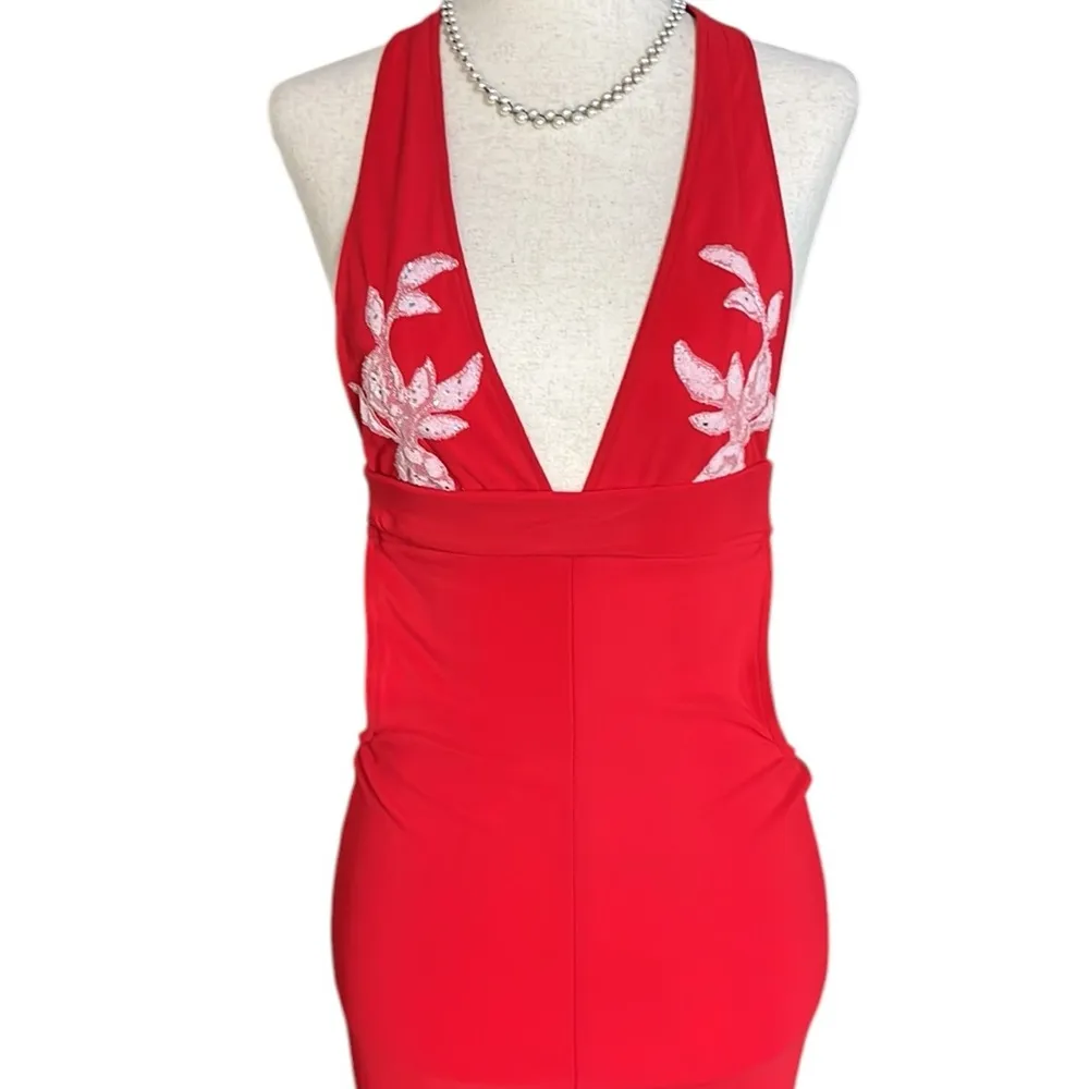 Vintage Maxi Bodycon Dress with Plunging Cutout Back and High Slit Red Size 4 - Image 4