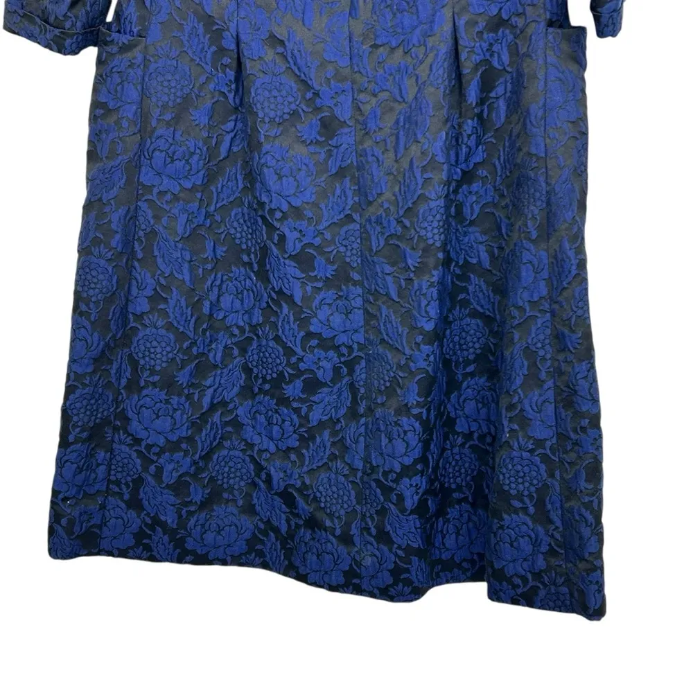1950s Handmade Navy Floral Brocade Dress Coat Couture Saks Fifth Ave Seamstress Blue Size M - Image 9
