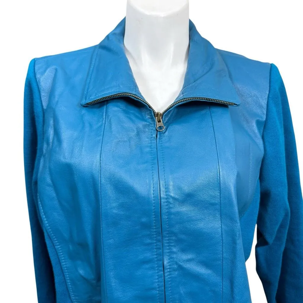 Vintage Stonebridge Signature Women’s 2X Blue Leather Knit Jacket Zip Front - Image 2